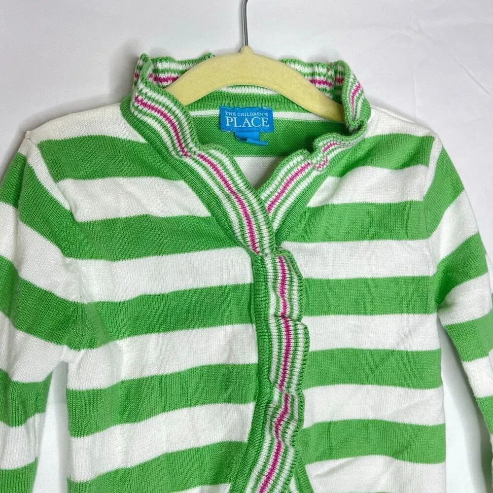 The Children’s Place TCP Sweater Cardigan Green White Stripe Girls Size 4T Y2K